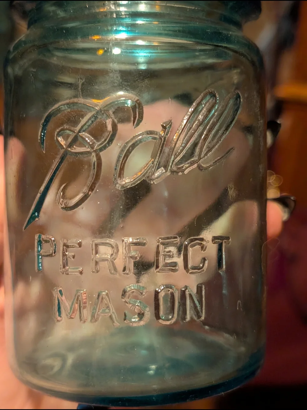 Squat Early Half Pint Mason Jar Ball 1910-1923 Antique Glass Euc